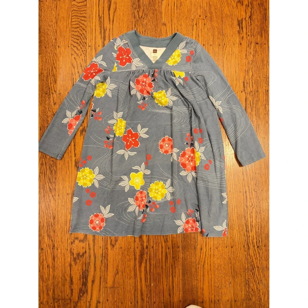 Tea Collection Girls Blue Floral Long Sleeve Cotton Jersey Dress Size 8